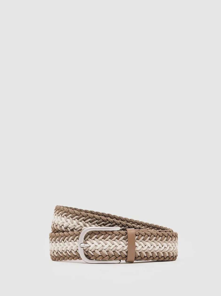 Reiss Taupe Brown/Off White Ellis Woven Stripe Belt Outlet