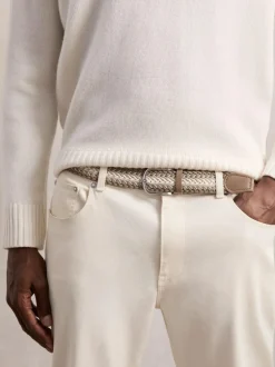 Reiss Taupe Brown/Off White Ellis Woven Stripe Belt Outlet