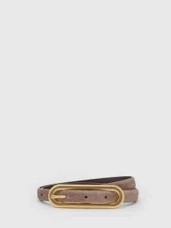 Reiss Chaya Suede Elongated-Buckle Skinny Belt Taupe New