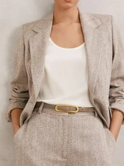 Reiss Chaya Suede Elongated-Buckle Skinny Belt Taupe New