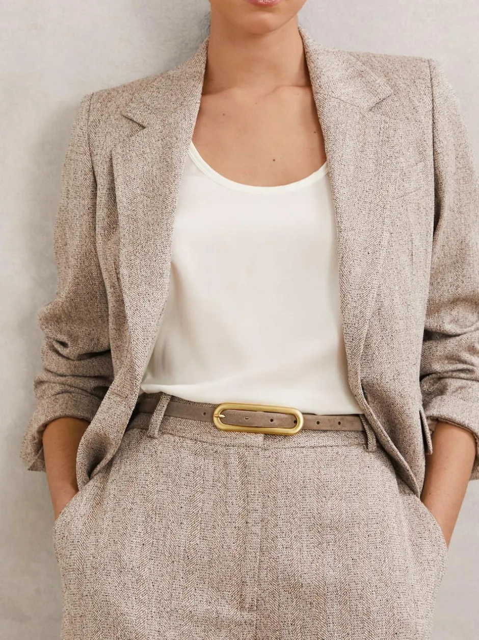 Reiss Chaya Suede Elongated-Buckle Skinny Belt Taupe New