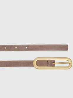 Reiss Chaya Suede Elongated-Buckle Skinny Belt Taupe New