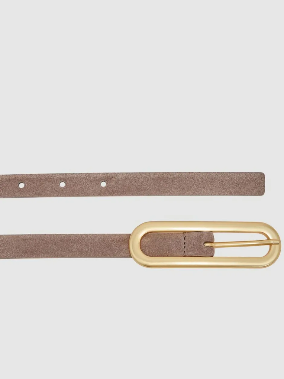 Reiss Chaya Suede Elongated-Buckle Skinny Belt Taupe New