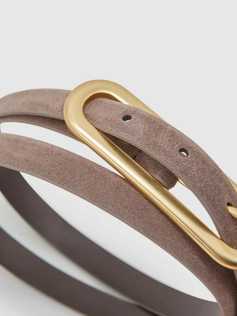 Reiss Chaya Suede Elongated-Buckle Skinny Belt Taupe New