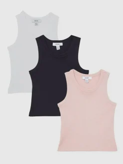 Reiss White/Pink/Navy Violet 3 Pack 3-9 yrs Stretch-Cotton Ribbed Vests Online