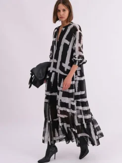 Religion Black Sunset Maxi Shirt Dress With A Tiered Boho Style Skirt In Abstract Prints New