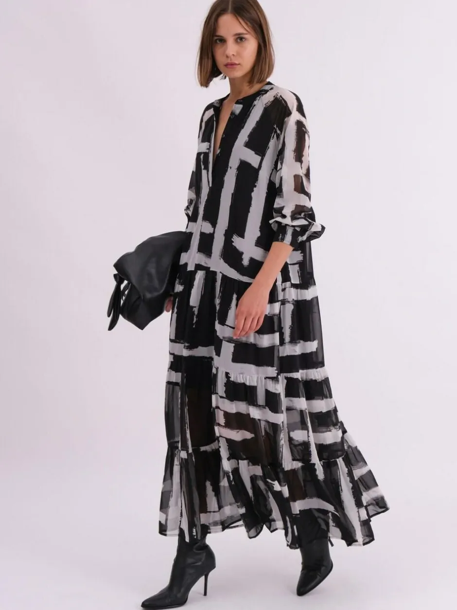 Religion Black Sunset Maxi Shirt Dress With A Tiered Boho Style Skirt In Abstract Prints New