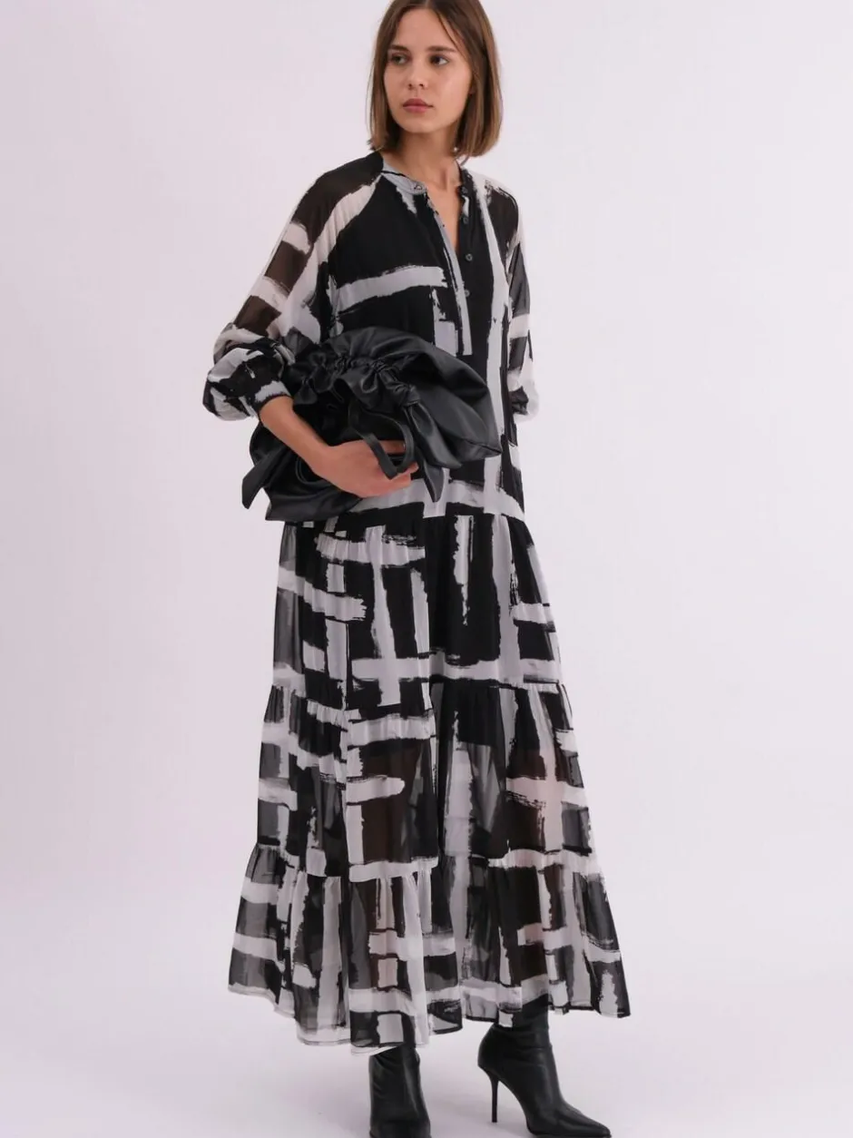 Religion Black Sunset Maxi Shirt Dress With A Tiered Boho Style Skirt In Abstract Prints New