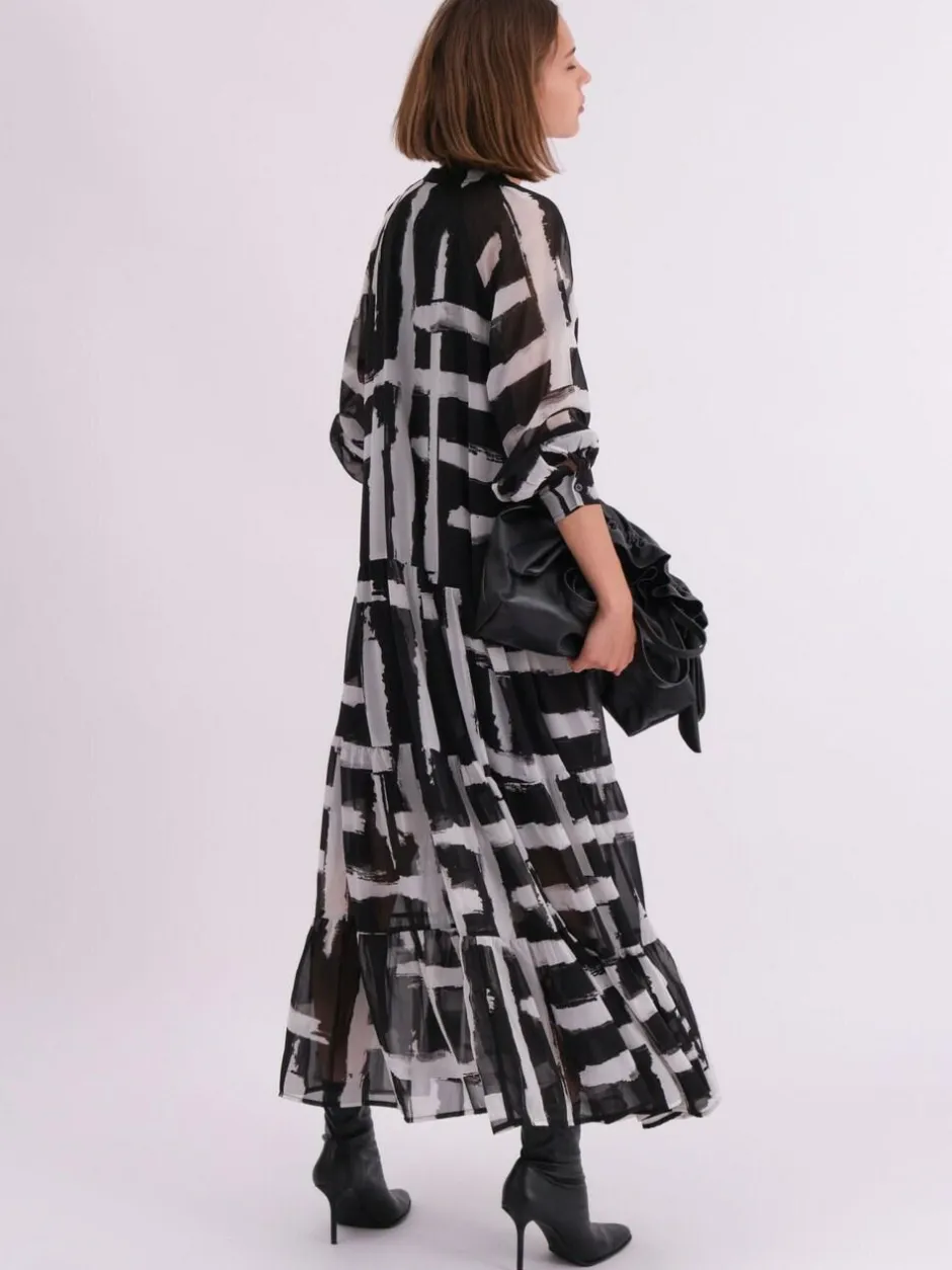 Religion Black Sunset Maxi Shirt Dress With A Tiered Boho Style Skirt In Abstract Prints New