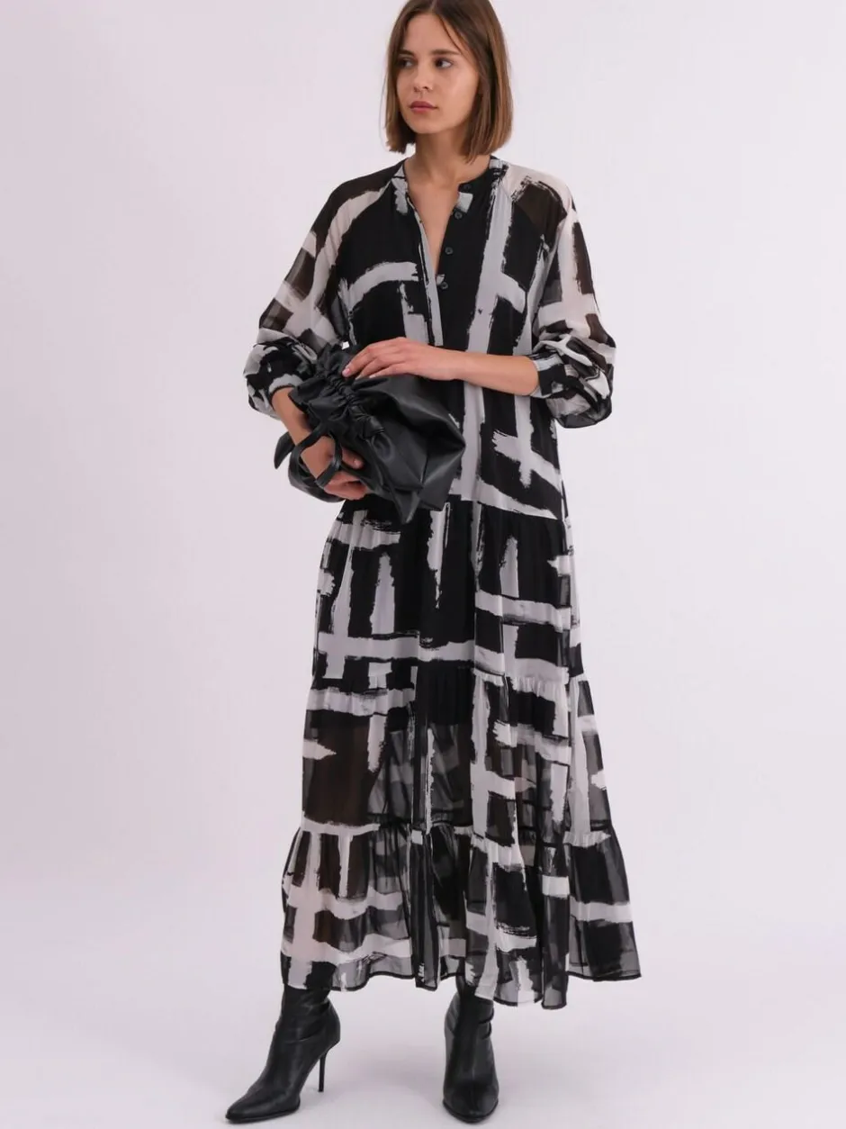 Religion Black Sunset Maxi Shirt Dress With A Tiered Boho Style Skirt In Abstract Prints New