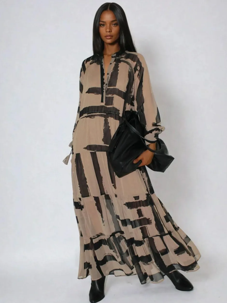 Religion Brown Loose Zoe Maxi Dress In Bold Selvage Black Stripe On Caramel Sale