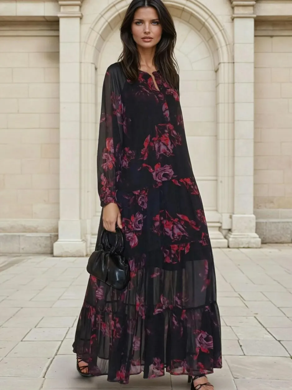 Religion Red Zoe Tiered Maxi Boho Dress With Tiered Skirt In Dark Floral Discount