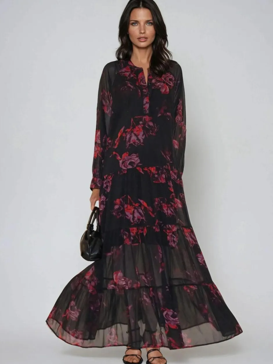 Religion Red Zoe Tiered Maxi Boho Dress With Tiered Skirt In Dark Floral Discount