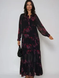 Religion Red Zoe Tiered Maxi Boho Dress With Tiered Skirt In Dark Floral Discount