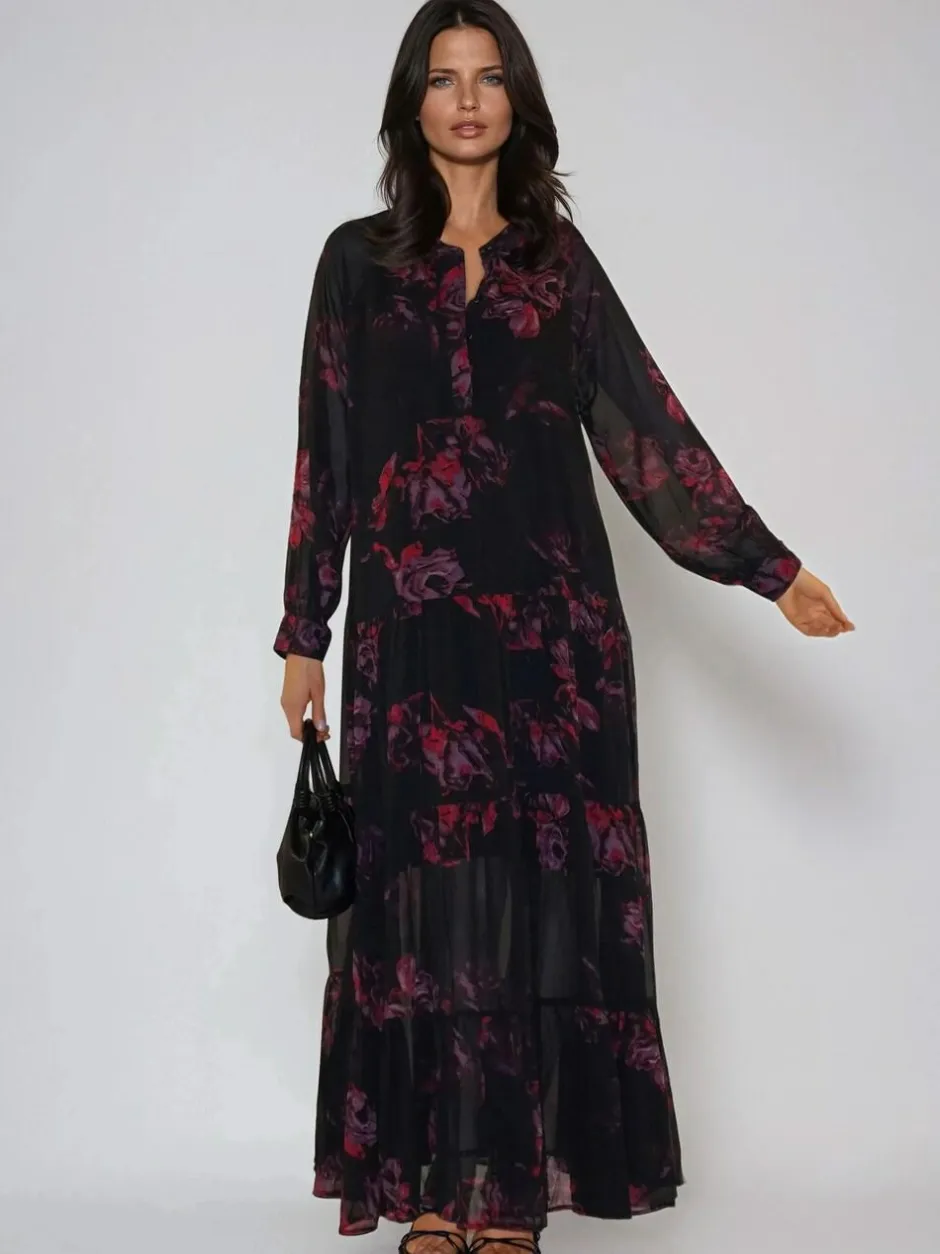 Religion Red Zoe Tiered Maxi Boho Dress With Tiered Skirt In Dark Floral Discount
