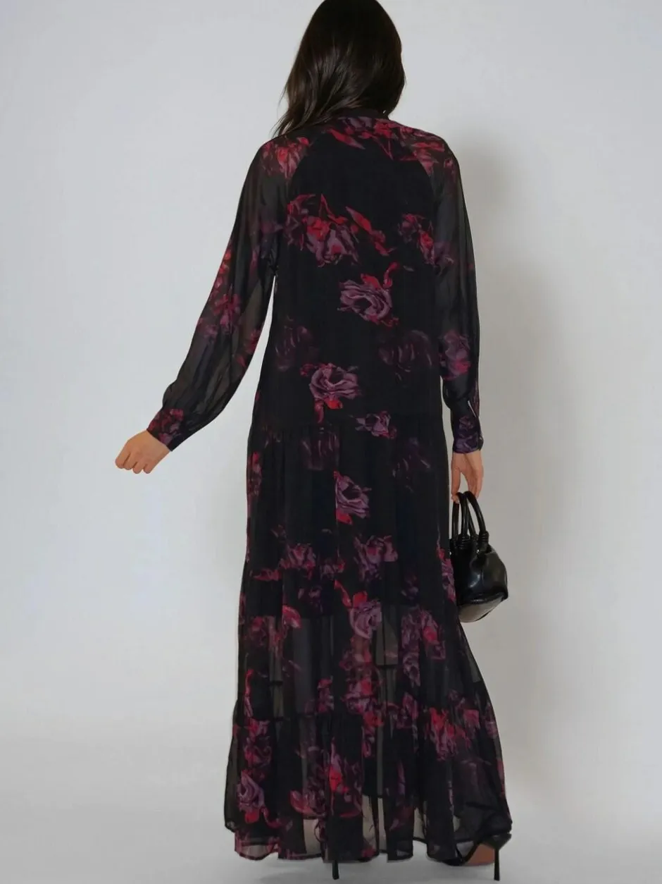 Religion Red Zoe Tiered Maxi Boho Dress With Tiered Skirt In Dark Floral Discount