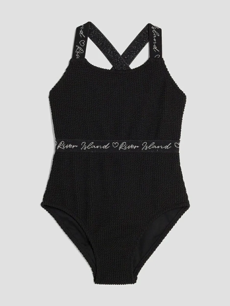 River Island Black Elastic Textured Swimsuit Clearance