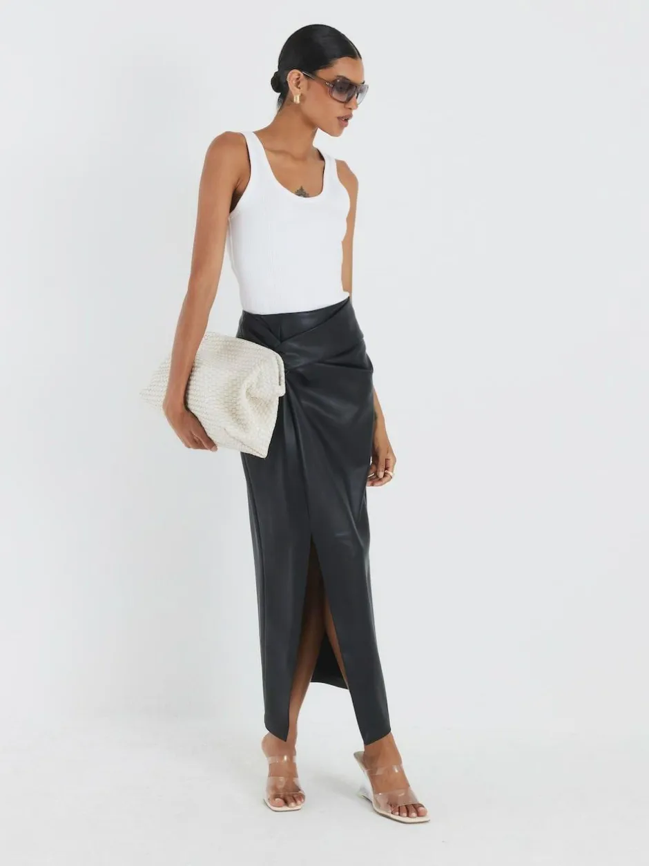River Island Black Faux Leather Twist Side Midi Skirt Clearance