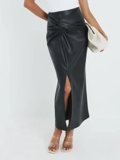 River Island Black Faux Leather Twist Side Midi Skirt Clearance