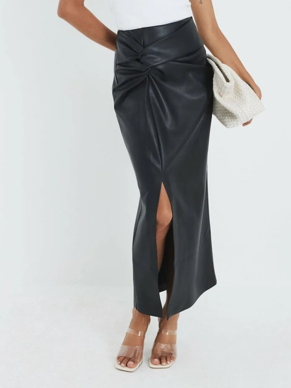 River Island Black Faux Leather Twist Side Midi Skirt Clearance