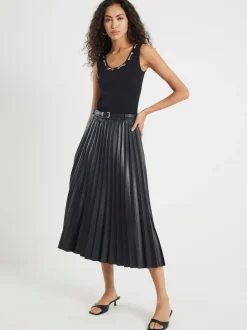 River Island Black Faux Leather Pleated Midi Skirt Outlet