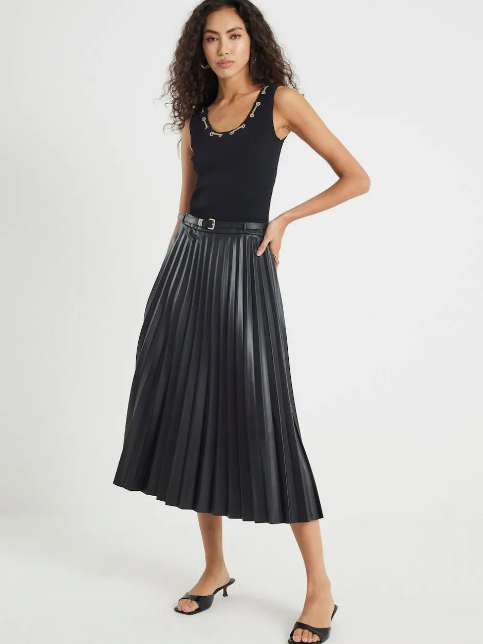 River Island Black Faux Leather Pleated Midi Skirt Outlet
