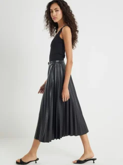 River Island Black Faux Leather Pleated Midi Skirt Outlet
