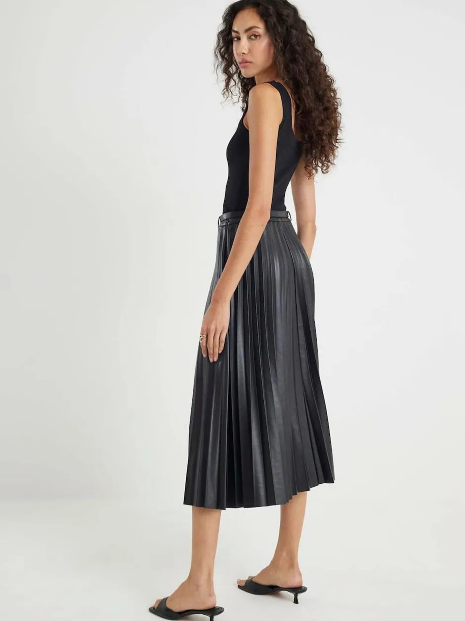 River Island Black Faux Leather Pleated Midi Skirt Outlet