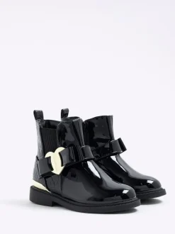 River Island Black Patent Heart Bow Chelsea Boots Discount