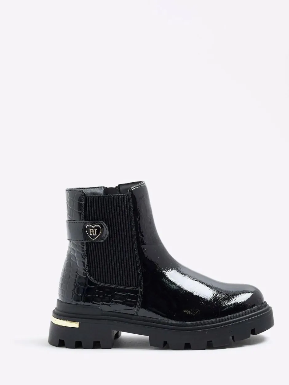 River Island Black Patent Heart Strap Chelsea Boots Hot