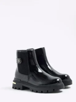 River Island Black Patent Heart Strap Chelsea Boots Hot