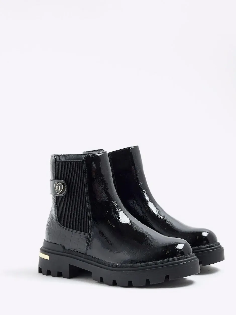 River Island Black Patent Heart Strap Chelsea Boots Hot