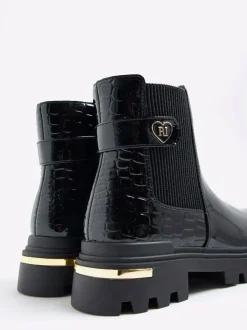 River Island Black Patent Heart Strap Chelsea Boots Hot