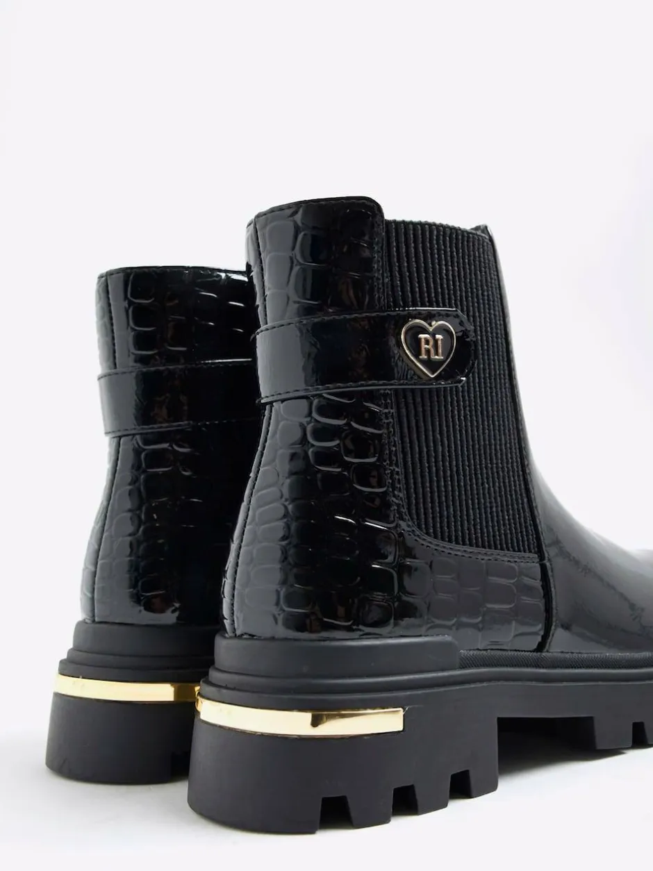 River Island Black Patent Heart Strap Chelsea Boots Hot