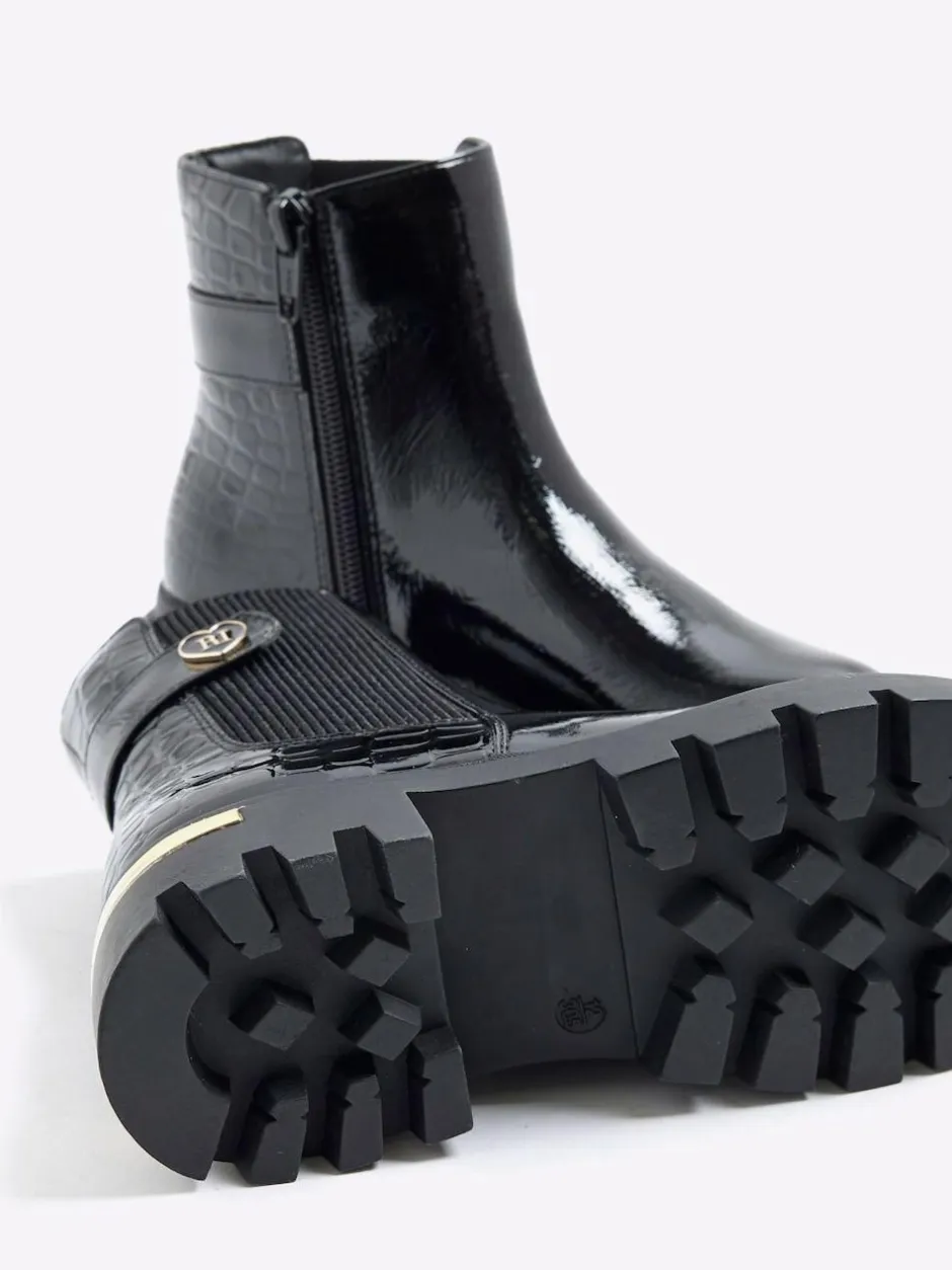 River Island Black Patent Heart Strap Chelsea Boots Hot