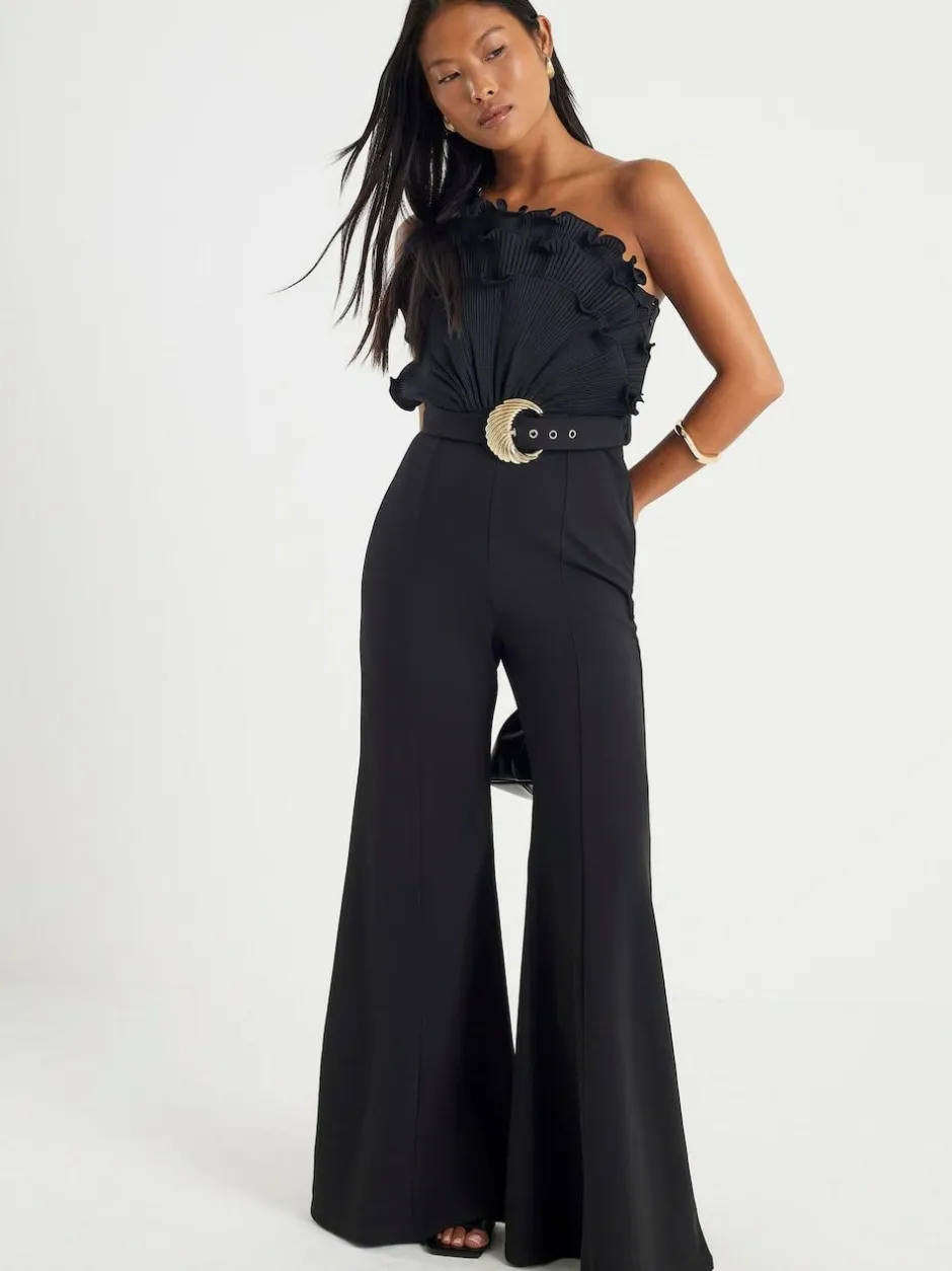 River Island Black Petite 3D Trim One Shoulder Jumpsuit Clearance