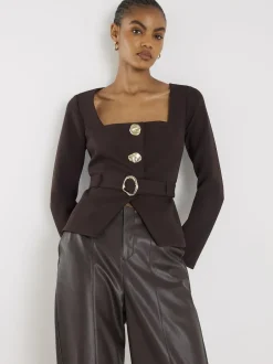 River Island Brown Long Sleeve Square Neck Belted Blazer New