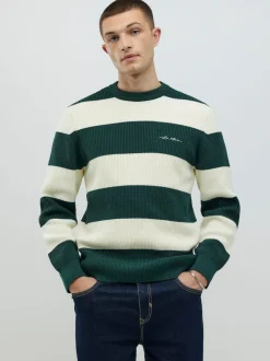 River Island Green Slim Fit Stripe Crew Neck Waffle Knit Jumper Online