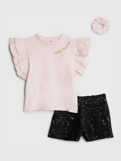 River Island Pink Frill Sleeve Top & Sequin Shorts Set Clearance