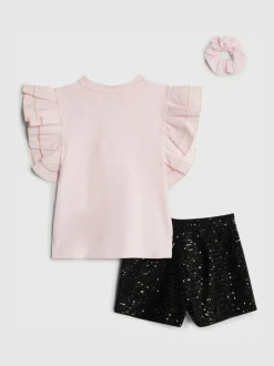 River Island Pink Frill Sleeve Top & Sequin Shorts Set Clearance