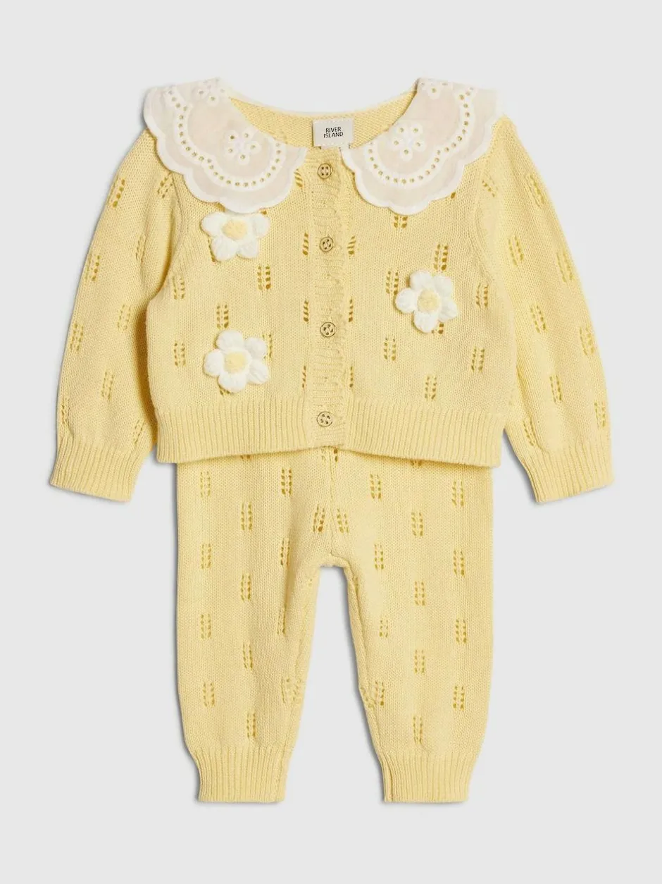 River Island Yellow Broderie Daisy Knitted Cardigan & Leggings Set Clearance