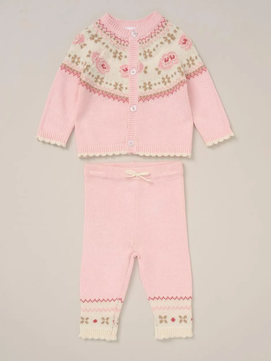 Rock-A-Bye Baby Boutique Pink True Knit Fairisle Pattern Cardigan And Trousers Outfit Set