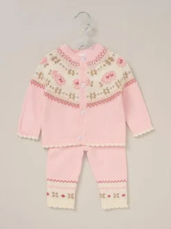 Rock-A-Bye Baby Boutique Pink True Knit Fairisle Pattern Cardigan And Trousers Outfit Set
