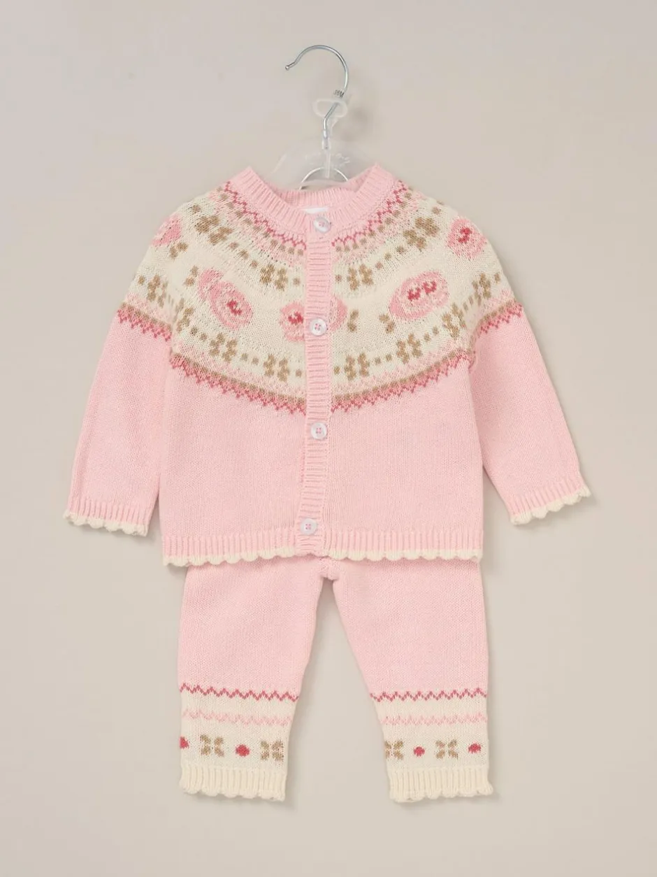 Rock-A-Bye Baby Boutique Pink True Knit Fairisle Pattern Cardigan And Trousers Outfit Set