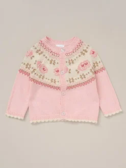 Rock-A-Bye Baby Boutique Pink True Knit Fairisle Pattern Cardigan And Trousers Outfit Set