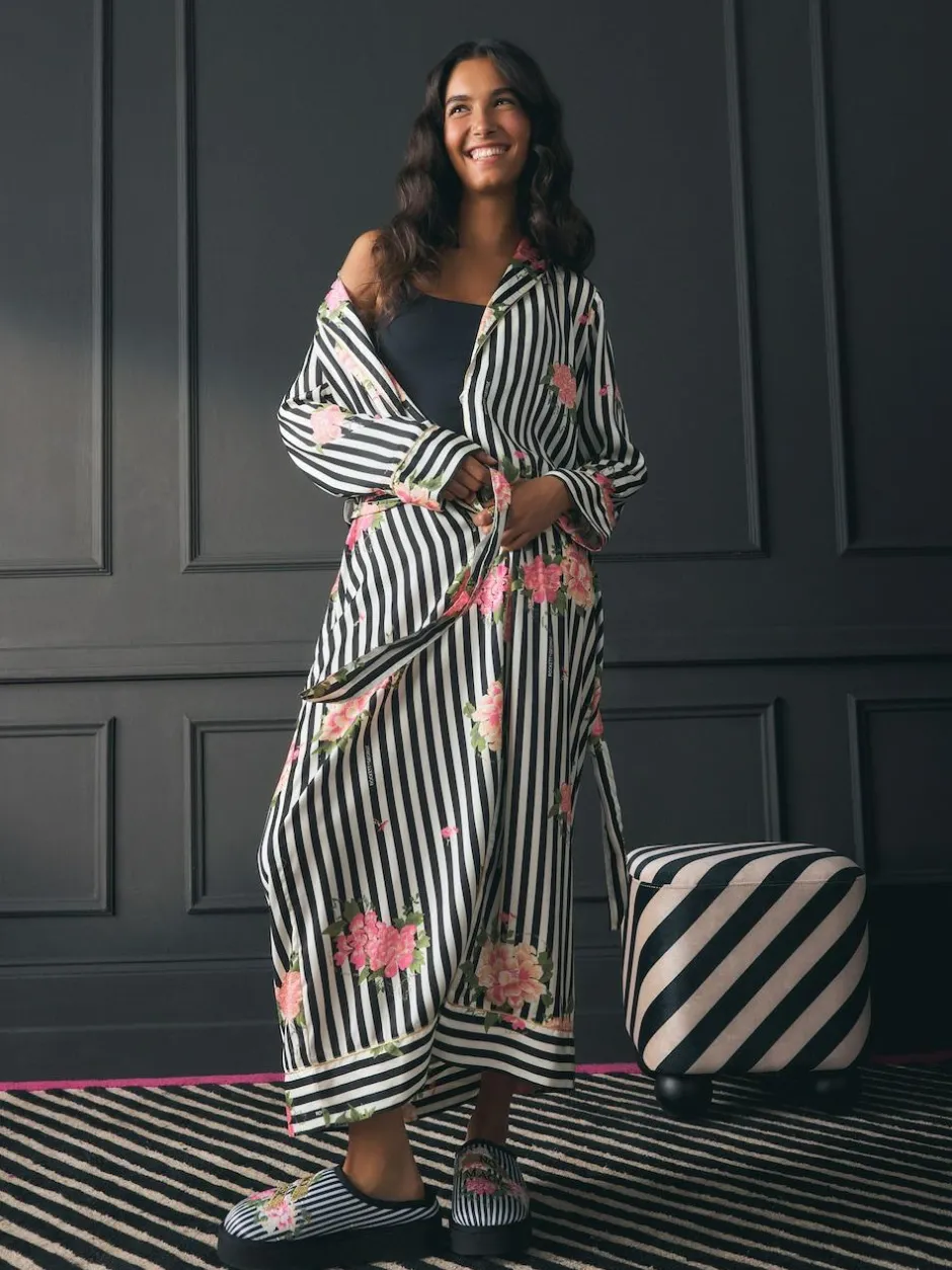Rockett St George Black/White Flower Power Stripe Satin Robe Sale