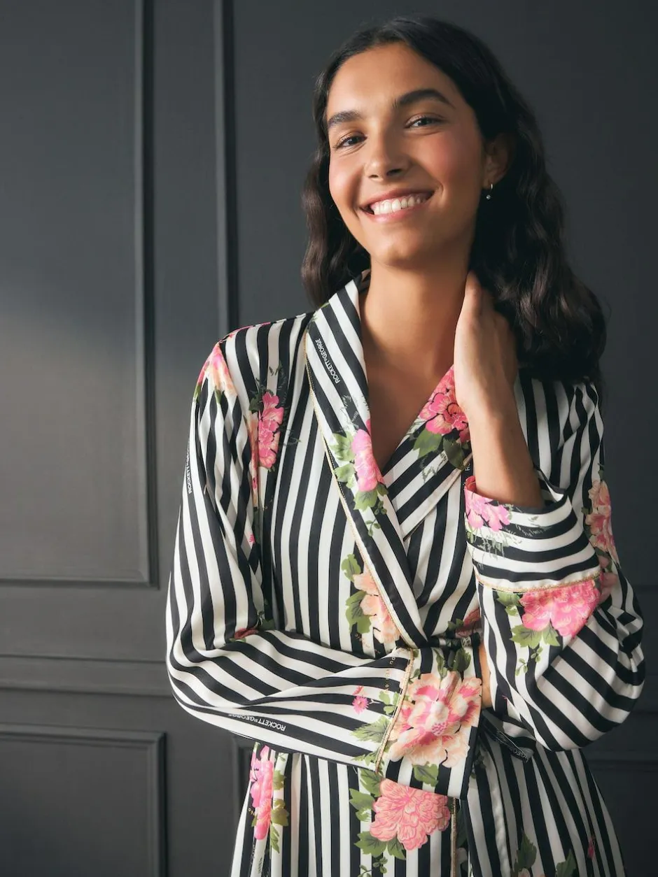 Rockett St George Black/White Flower Power Stripe Satin Robe Sale