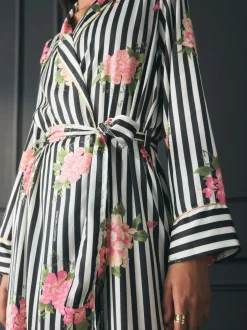 Rockett St George Black/White Flower Power Stripe Satin Robe Sale