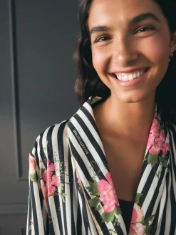 Rockett St George Black/White Flower Power Stripe Satin Robe Sale