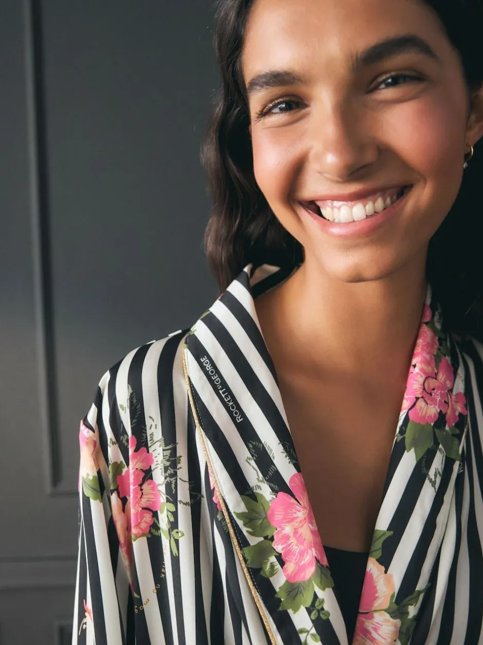 Rockett St George Black/White Flower Power Stripe Satin Robe Sale